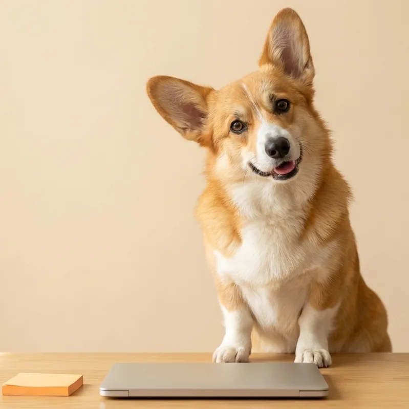 Corgi Flying Corgi Creative z ciekawością przechyla głowę przy biurku z laptopem i pomarańczowymi karteczkami