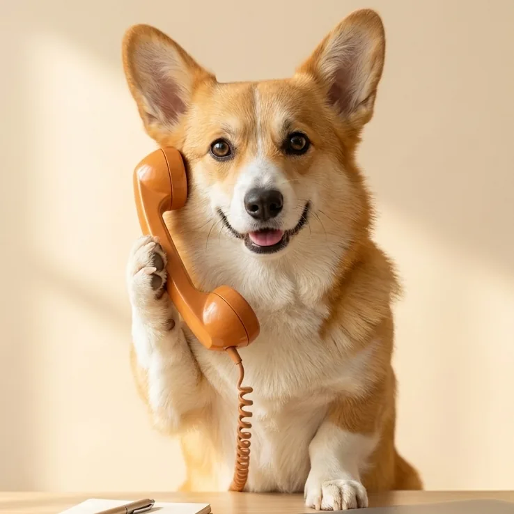 Corgi Flying Corgi Creative odbiera telefon przy biurku, obok notes z długopisem i zamknięty laptop