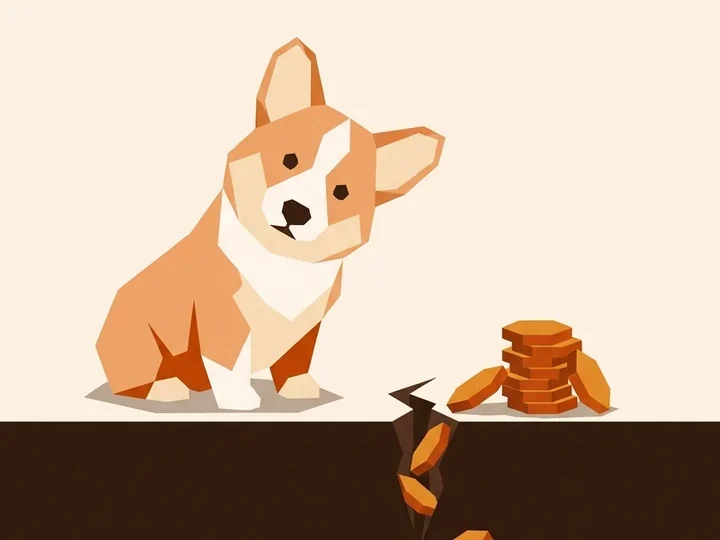 Corgi patrzy na monety wpadające w szczelinę w ziemi