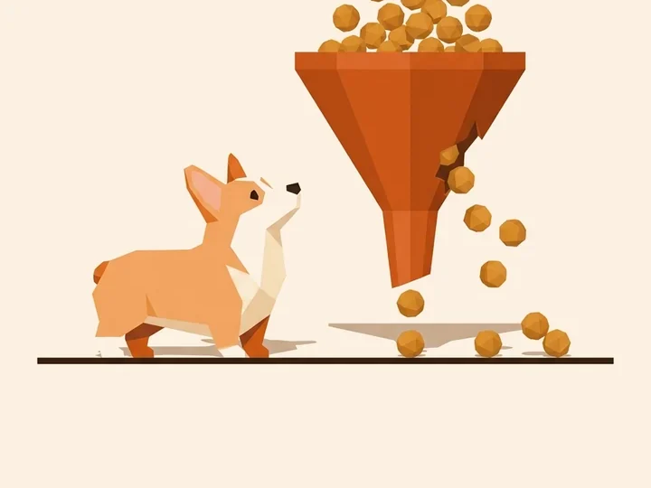 Corgi patrzy na lejek, z którego wysypują się kulki