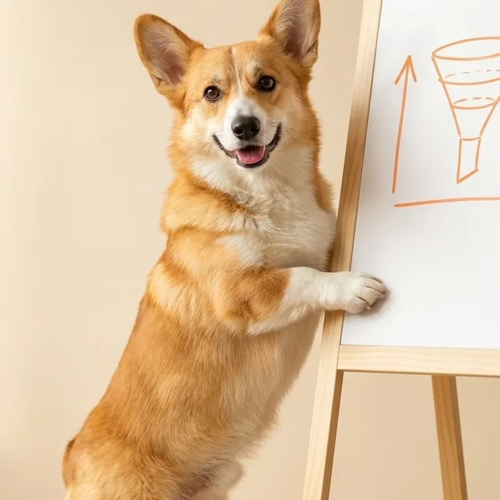 Corgi Flying Corgi Creative stoi na tylnych łapach przy flipcharcie z narysowanym lejkiem sprzedażowym i strzałką w górę