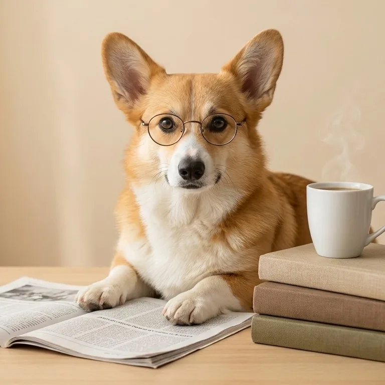 Corgi Flying Corgi Creative w okularach czyta gazetę przy biurku, obok stos książek i kubek kawy